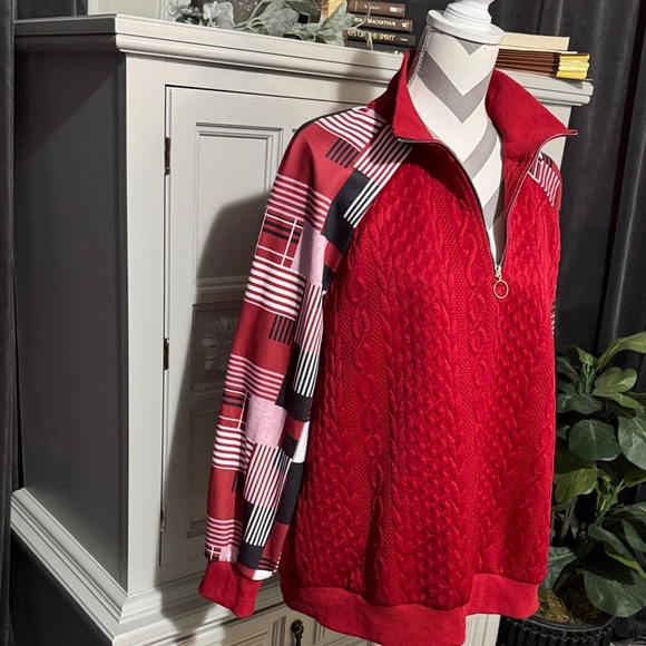 Red Quarter-Zip Sweater with Patterned Sleeves Size XL - Picture 5 of 10